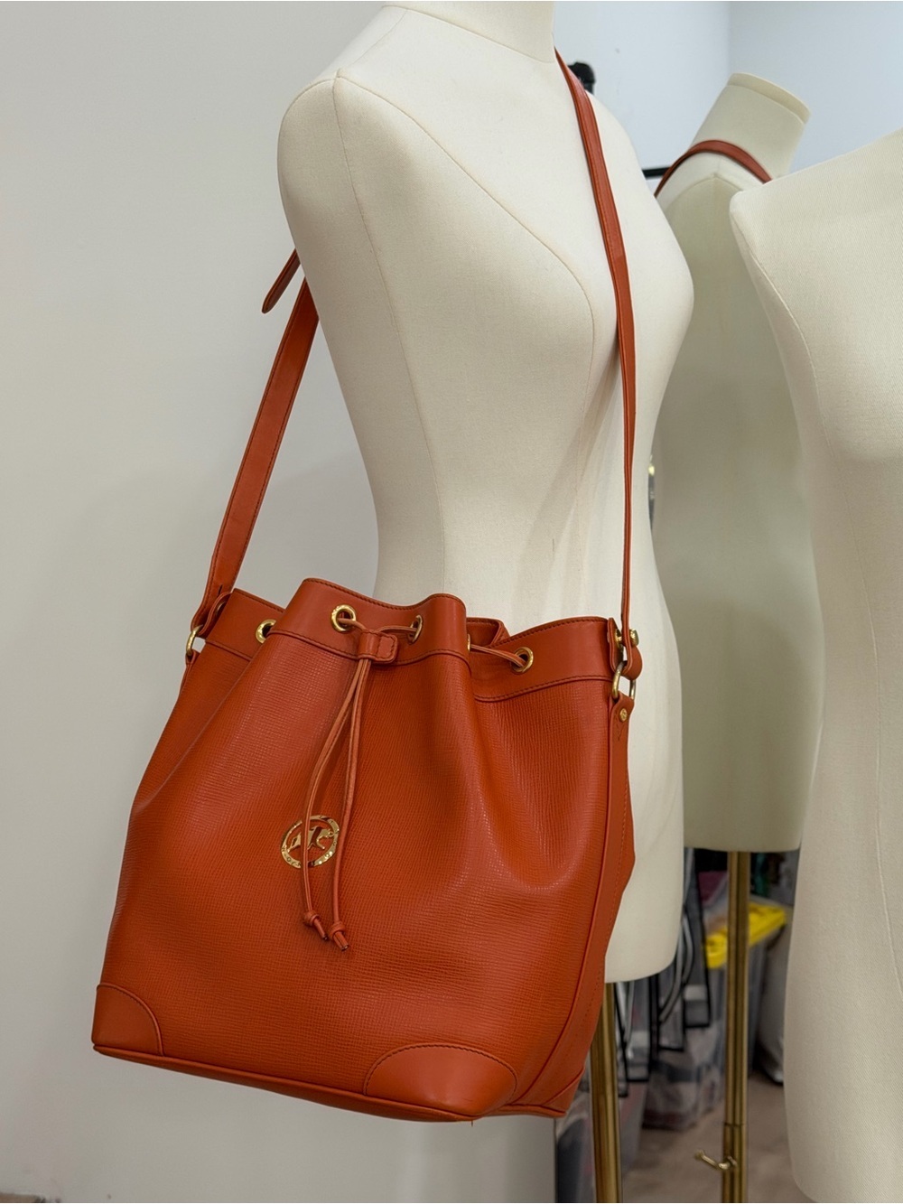 Hunting World Orange Leather Drawstring Bucket Crossbody Bag Italy